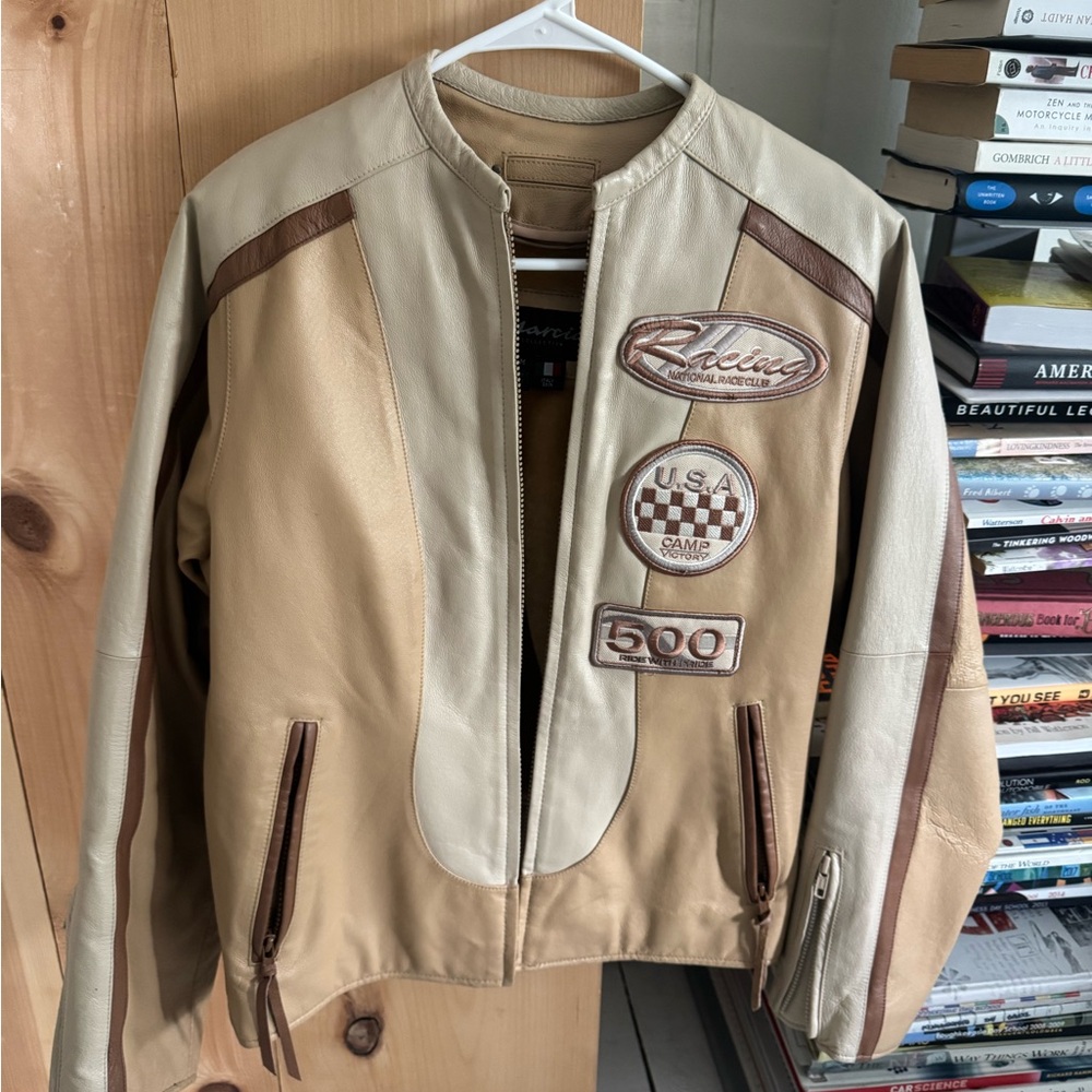 Racing Patch Two-Tone Beige & Tan Leather Jacket